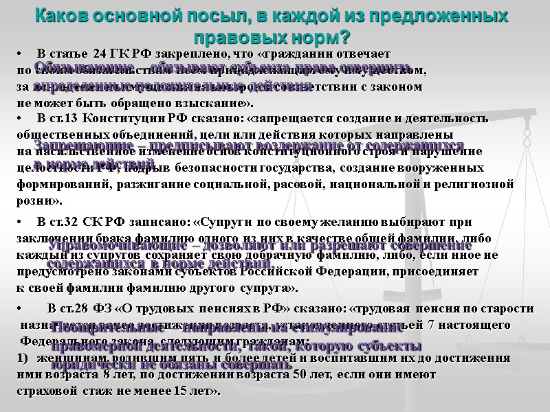 Каков основной посыл, в каждой из предложенных правовых норм? В статье 24 ГК РФ